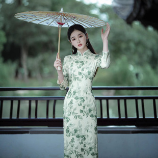 荷旗简2025春季新款优雅舒适透气有弹古法全开襟长款曳地复古旗袍