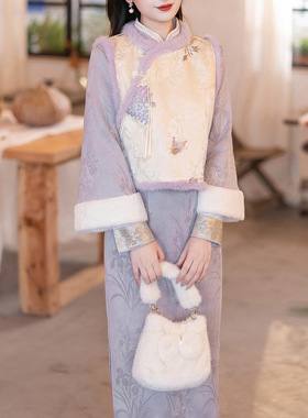 冬季紫色旗袍马甲套装加绒加厚冬装女新中式国风连衣裙新年战袍