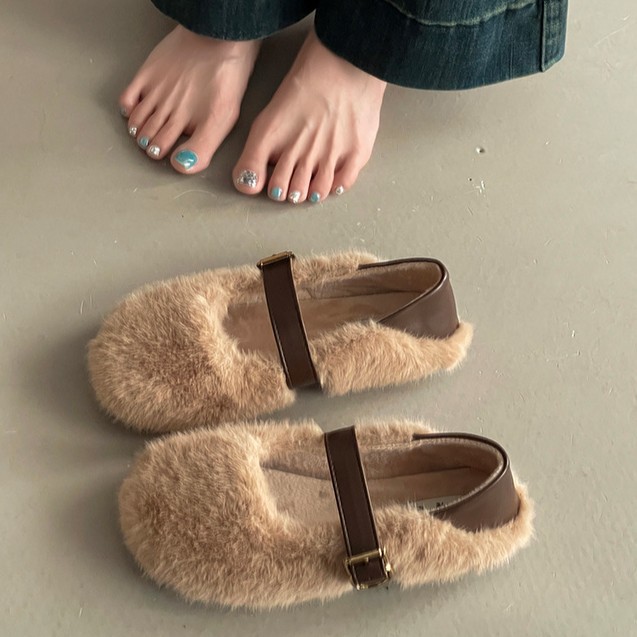 复古风一字皮带扣棉鞋