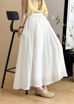 2026新款超大裙摆半身裙女夏季苎麻双层显瘦松紧腰带抽绳款