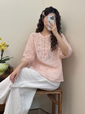2026新款新中式国风苎麻上衣刺绣烧花夏季清凉感宽松舒适减龄
