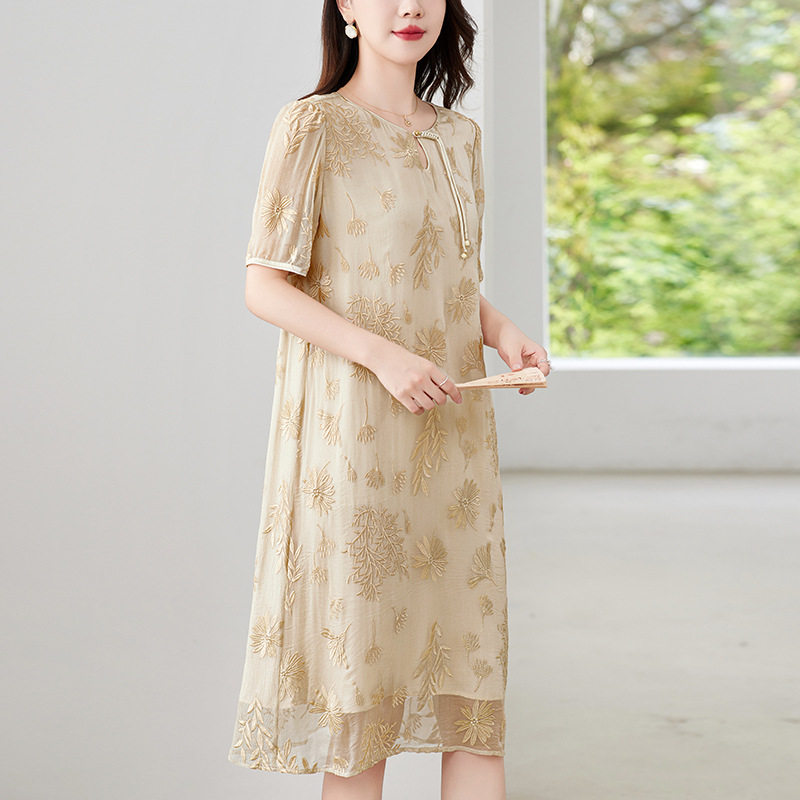 刺绣旗袍真丝连衣裙女2025夏新款中式轻熟温柔风桑蚕丝中长款裙子