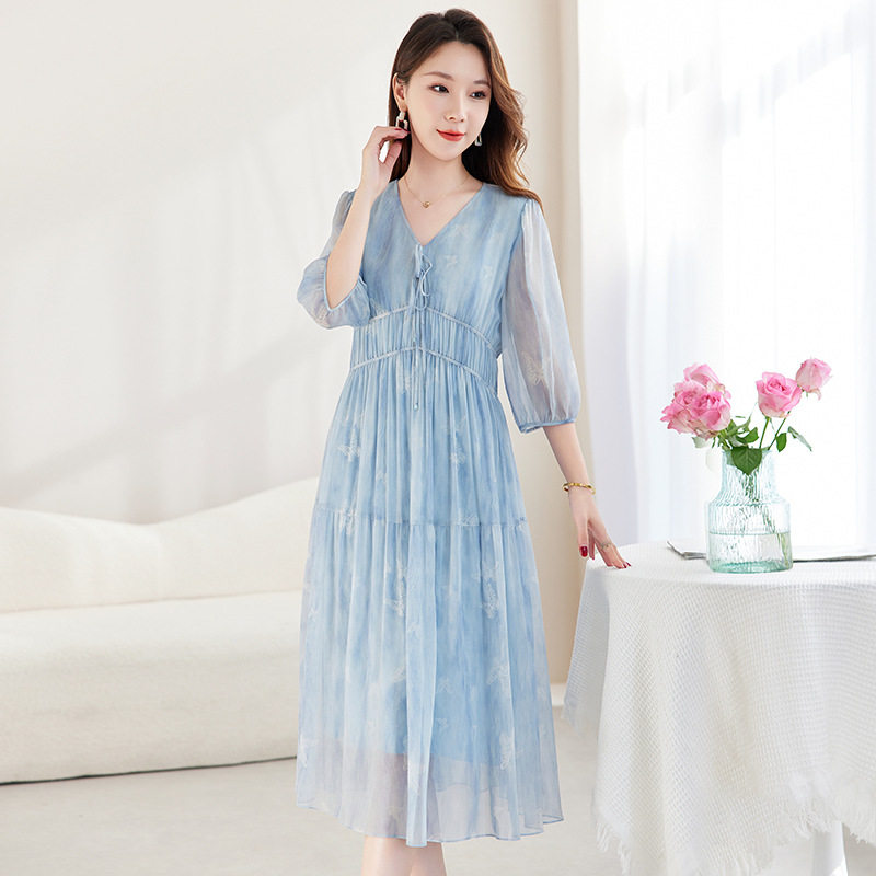 高端真丝乔其印花连衣裙女2025新款夏V领妈妈装宽松桑蚕丝飘逸裙