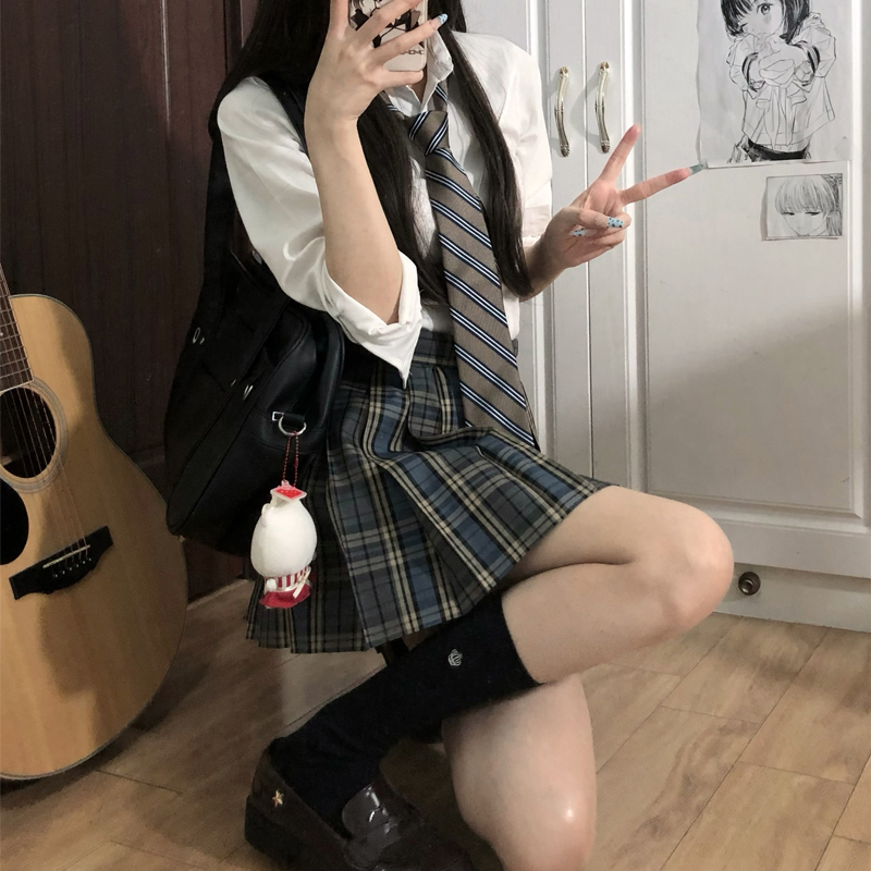 蓝调格裙原创jk制服半身裙