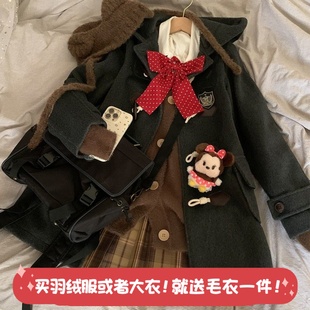 【神仙club】jk连帽牛角扣呢子大衣中长款日系情侣毛呢学院风外套