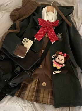 连帽牛角扣呢大衣jk学院外套校供