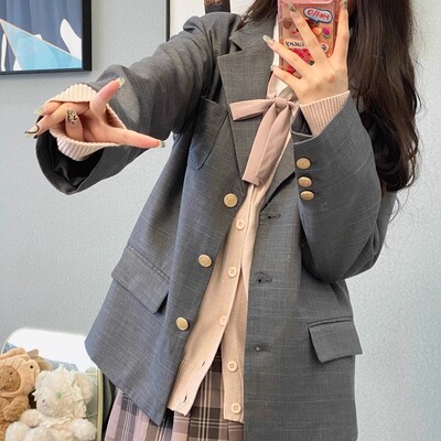 原创刺绣西服套装小个子灰色外套