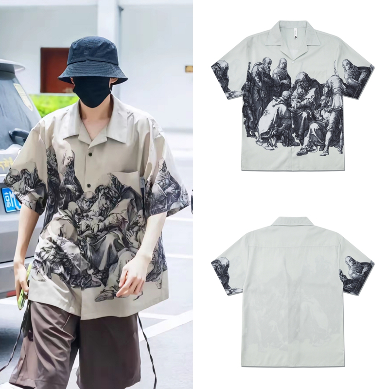 邓为同款斯巴达灰色版画短袖衬衫