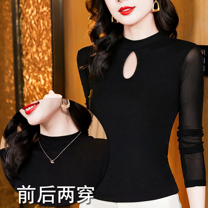 秋冬纯色半高领前后两穿网纱衫