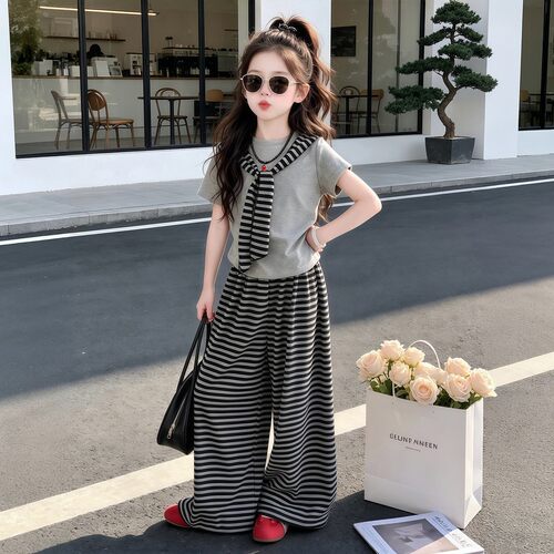 女童夏季短袖条纹阔腿裤套装