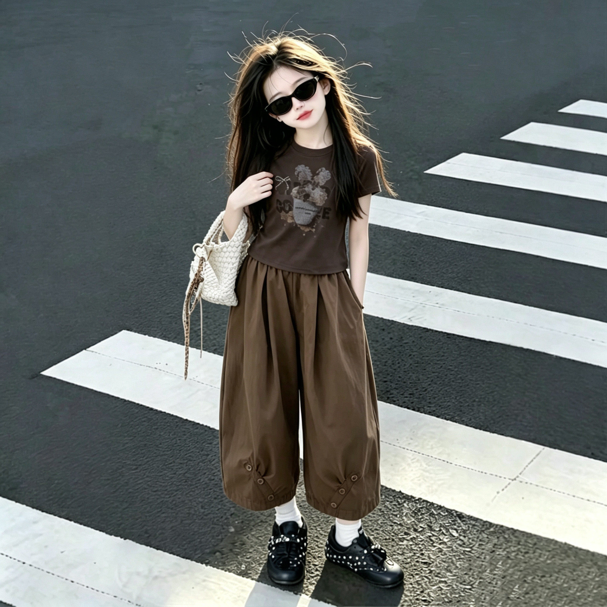 女童短袖T恤套装夏装2026超火洋气女大童夏季上衣儿童装薄款裤子