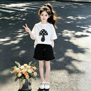 纯棉上衣女童休闲套装中大童夏季2026新款印花T恤波点短裤两件套