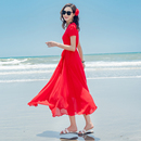 沙滩长裙 气质红色短袖 雪纺连衣裙海边度假海南三亚裙显瘦时尚 夏季