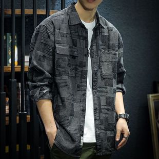 衬衫外套男高级感格子美式牛仔衬衣男长袖宽松痞帅日系工装上衣服
