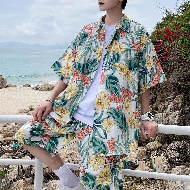 三亚旅行穿搭男士沙滩裤套装速干可下水花短裤海边度假大码大裤衩