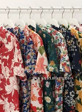 港风复古vitage12花衬衫短袖泰式夏威夷风设计感痞帅宽松衬衣男女