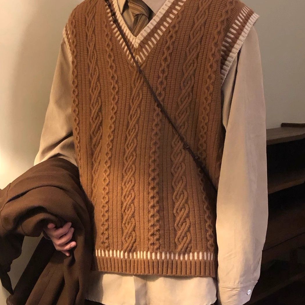 秋冬季新款复古宽松日系学院风麻花条纹毛衣针织衫马甲背心男女潮