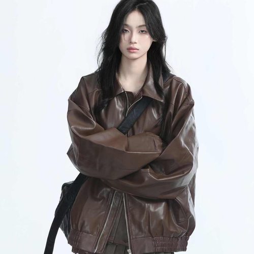 美拉德棕色机车PU皮衣女老钱风复古外套女秋冬重磅宽松夹克上衣黑