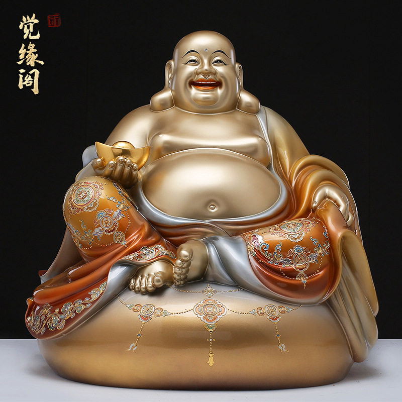 黄铜手工贴金镶宝彩绘笑佛像大肚弥勒佛寺庙家居客厅办公室摆件