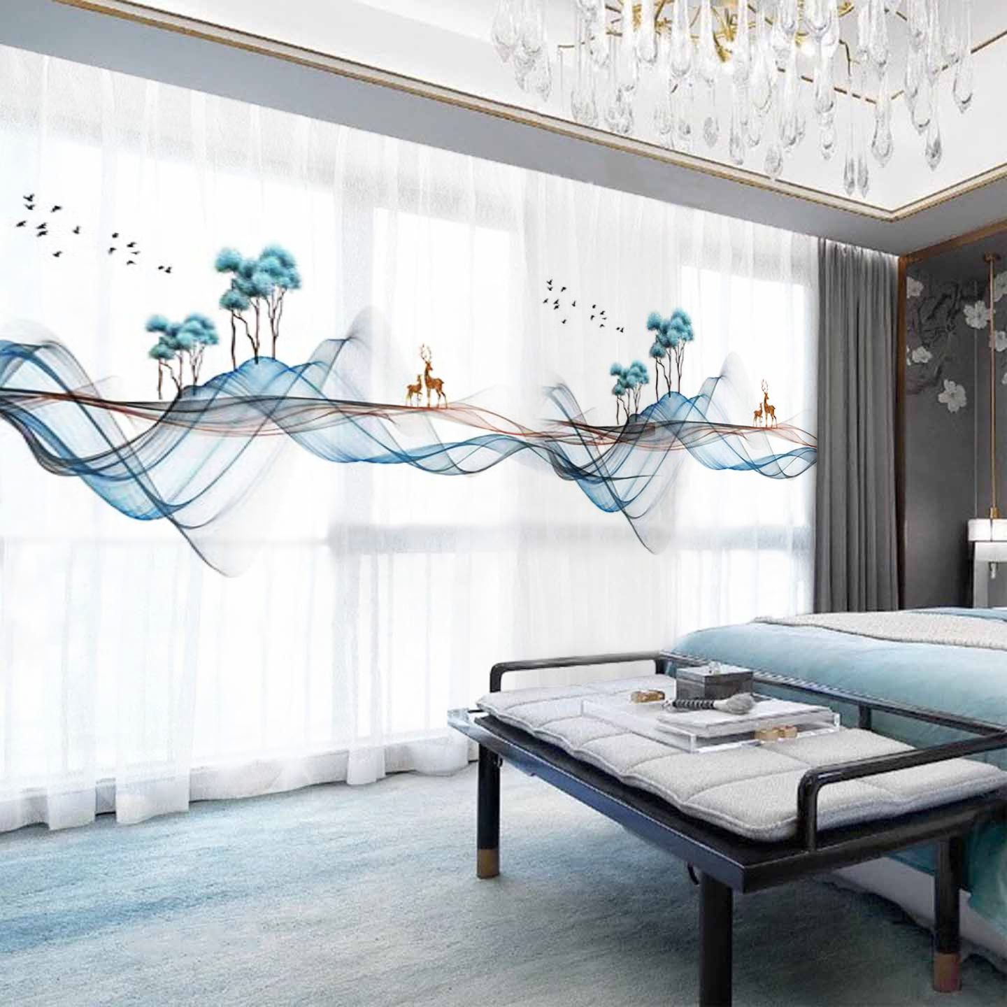 新款山水定制窗帘中式现代书房纱