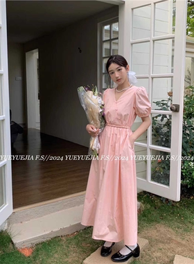 YUEYUE2024夏季新款连衣裙法式泡泡袖中长款收腰显瘦V领仙女裙女