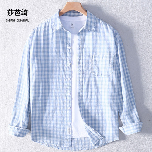 男春夏薄款纯棉格子休闲长袖衬衫