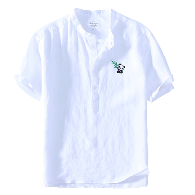 亚麻面料刺绣方领短袖衬衫