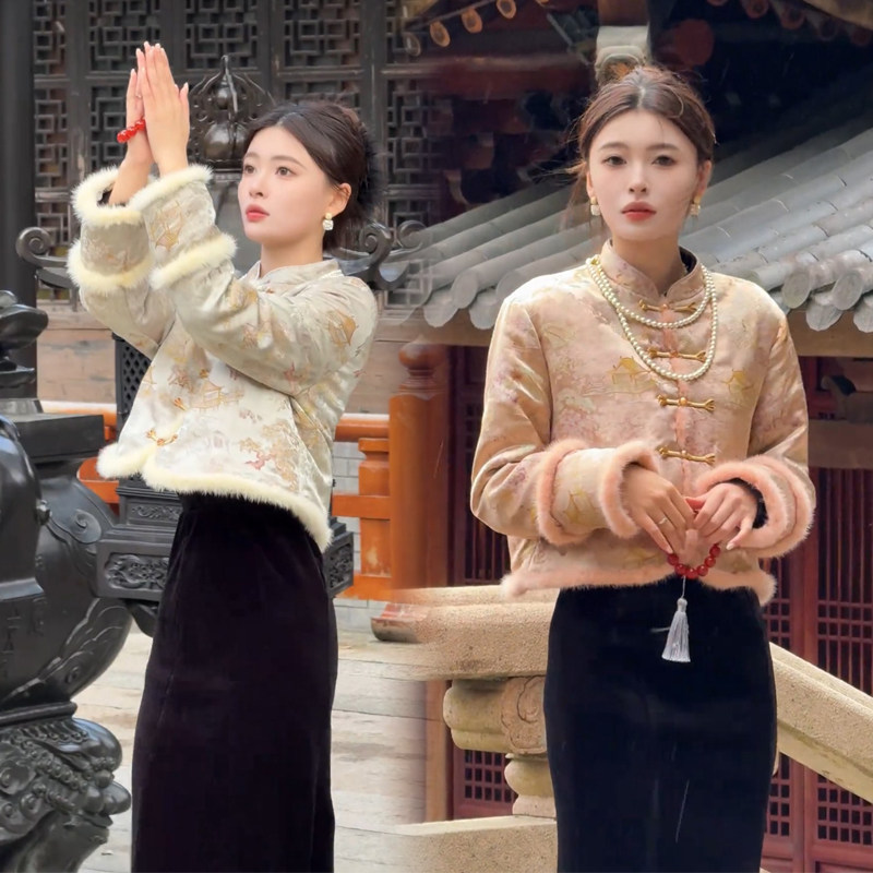 2025冬季加棉加厚国风新中式短款棉服上衣拼毛盘扣高级感棉衣外套