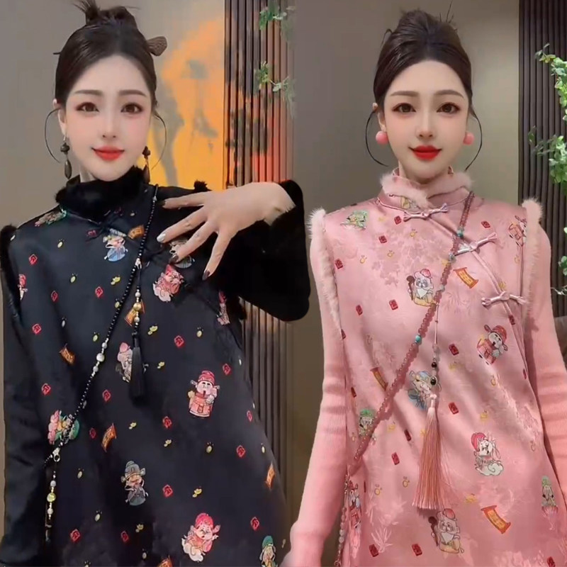 新中式国风棉服马甲上衣女中长款连衣裙