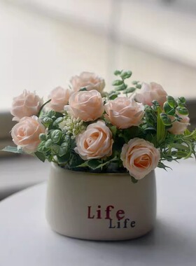 《香槟玫瑰》小盆栽假花仿真花客厅摆设餐桌装饰室内插花艺摆件