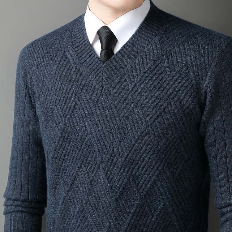 2025冬季新款男士V领羊毛衫加厚保暖鸡心领针织衫中年毛衣爸爸装