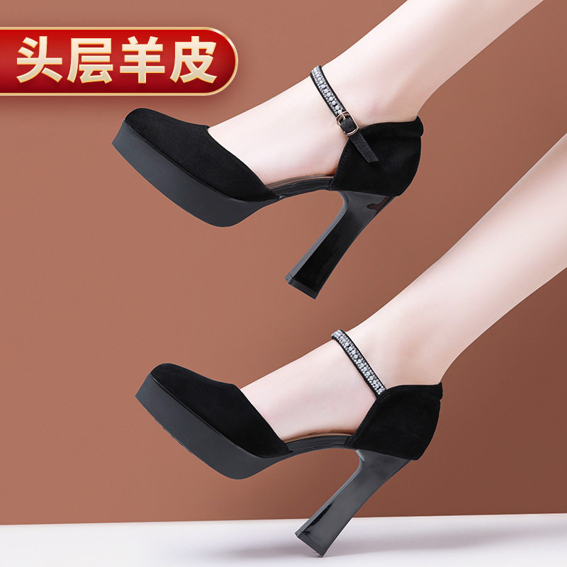 澳曼琳圆头单鞋一字扣厚防水台黑图片
