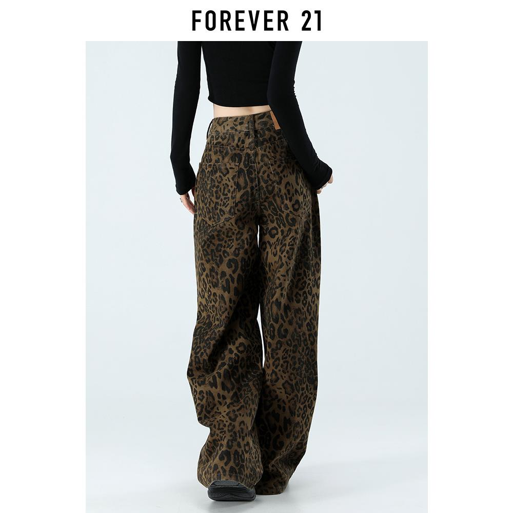 Forever 21美式豹纹阔腿牛仔裤女春季新款高腰显瘦宽松直筒拖地裤