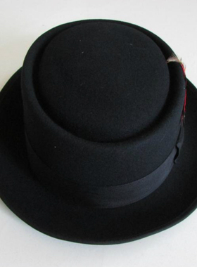 PorkPie羊毛复古平顶街舞帽男女PP毡帽英伦爵士帽蛋糕小檐礼帽