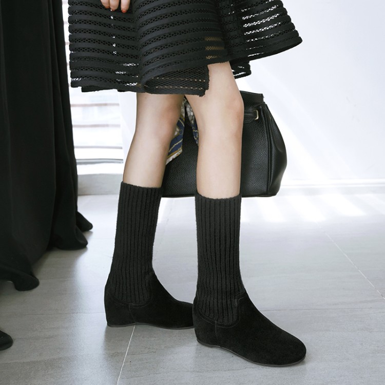 黑色袜靴2021秋冬内增高毛线瘦瘦女靴磨砂真皮中筒靴平底短靴加绒