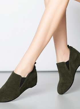 简约百搭磨砂皮坡跟女鞋内增高中跟深口单鞋33春秋冬款女式罐罐鞋