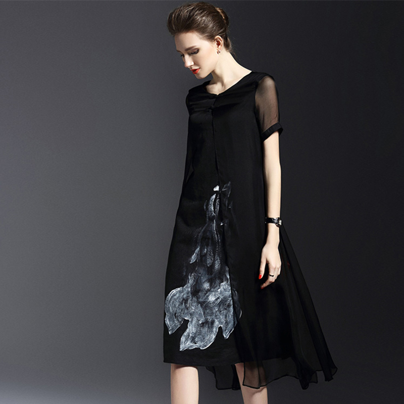 2018夏季中年妇女桑蚕丝连衣裙不规则水墨印
