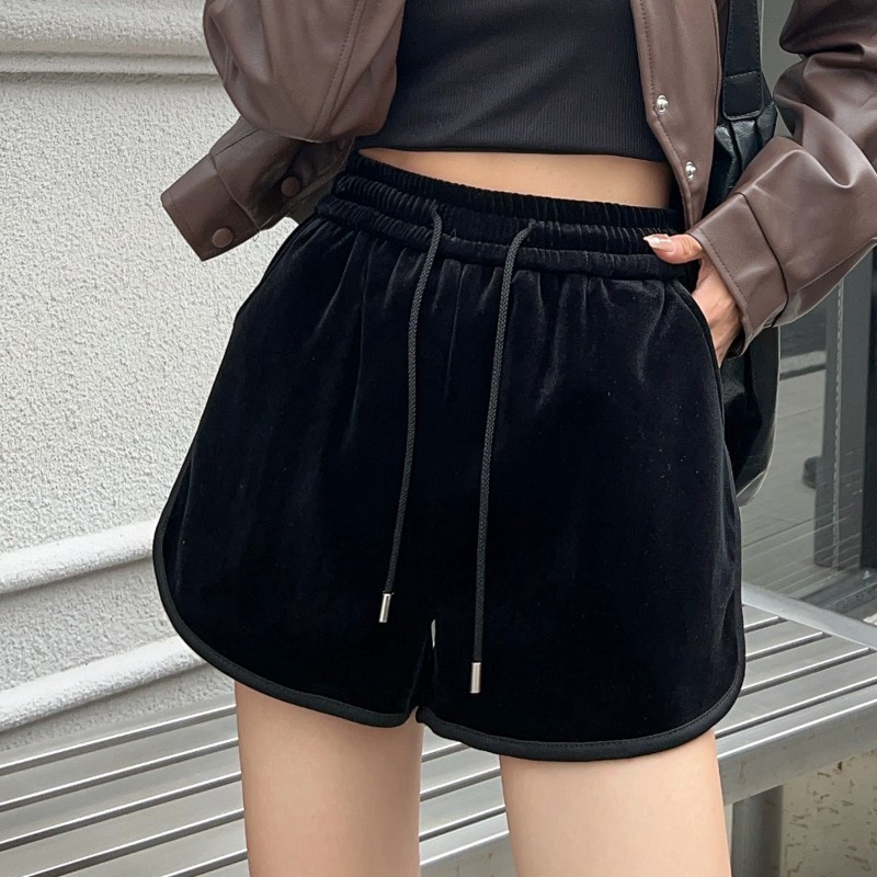 抽绳金丝绒短裤女秋冬韩版松紧腰宽松阔腿显瘦百搭外穿休闲靴裤潮