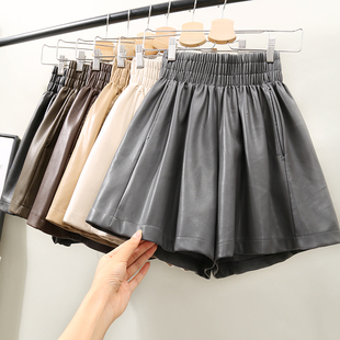 女2025秋冬季 百搭靴裤 新款 a字阔腿宽松pu外穿时尚 大码 高腰皮短裤