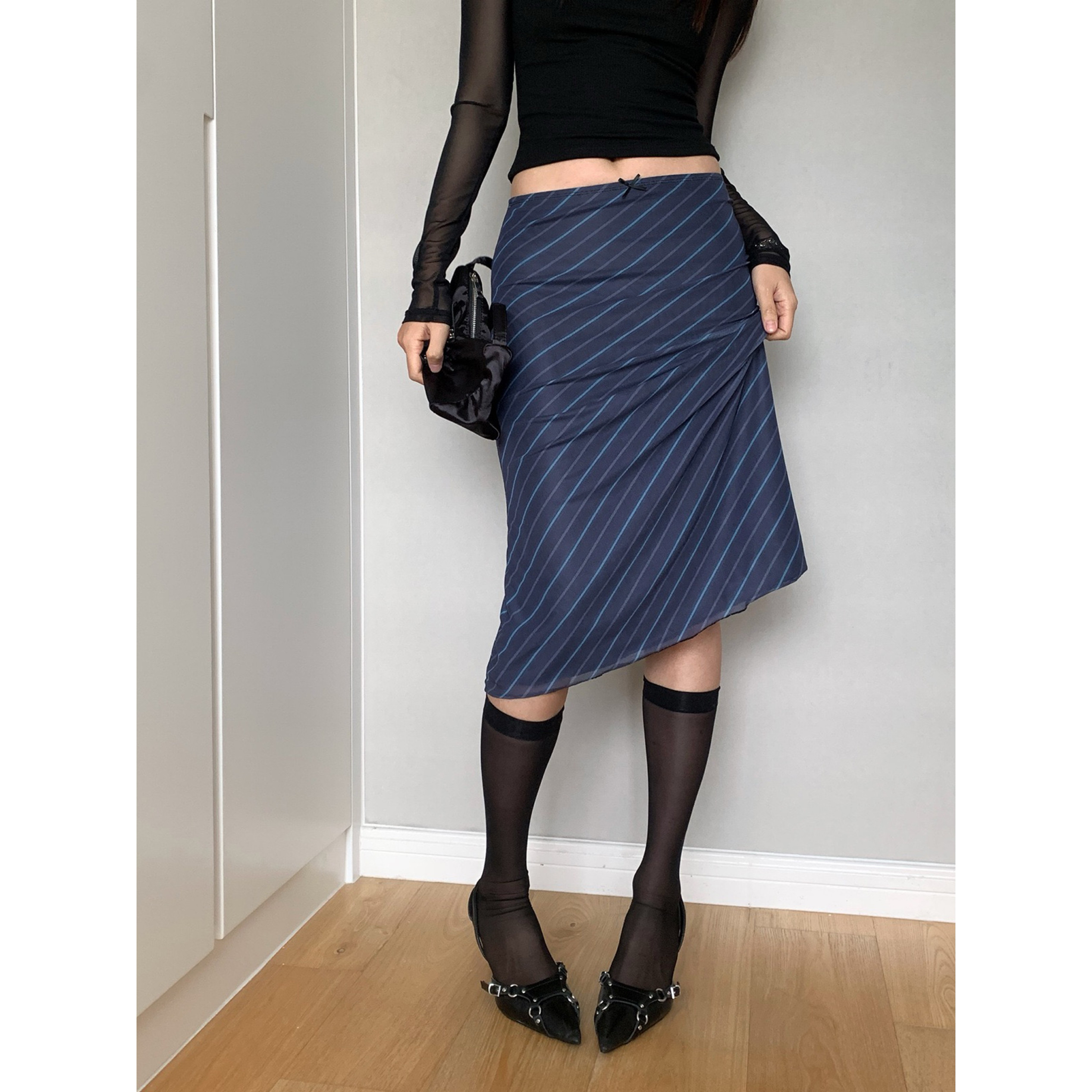 heymilky 24ss蝴蝶结双层网纱条纹印花半身裙中长款显瘦包臀裙女