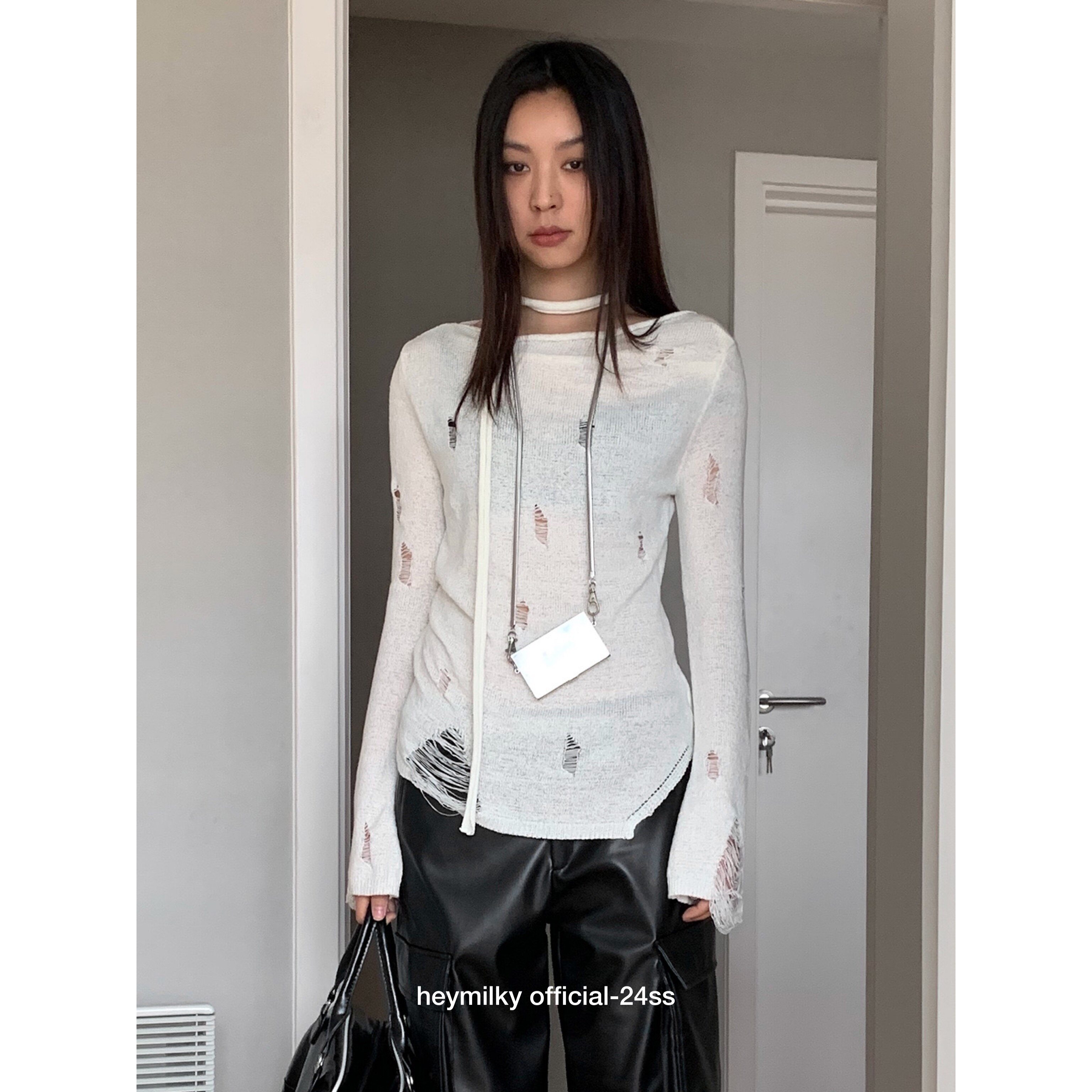 heymilky 24ss小众镂空慵懒风破洞针织衫女修身显瘦微透长袖上衣