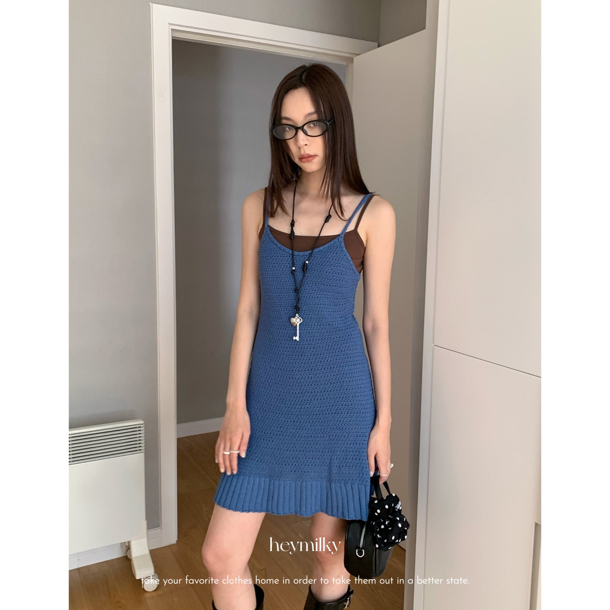 heymilky 25ss小众设计感镂空针织吊带裙女叠穿显瘦荷叶边连衣裙