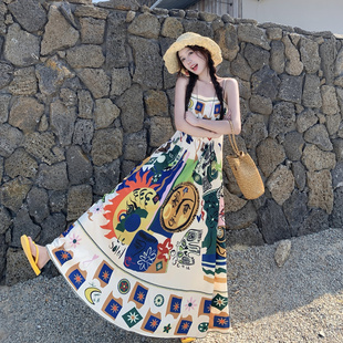 高級感小眾海邊長裙子 復古民族風油畫涂鴉印花吊帶連衣裙女夏新款