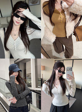 半开领条纹修身长袖T恤女春秋季季新款韩系显瘦设计感打底衫上衣