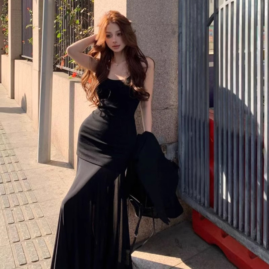 黑色吊带连衣裙女夏季网纱拼接收腰显瘦鱼尾长裙辣妹性感包臀裙子