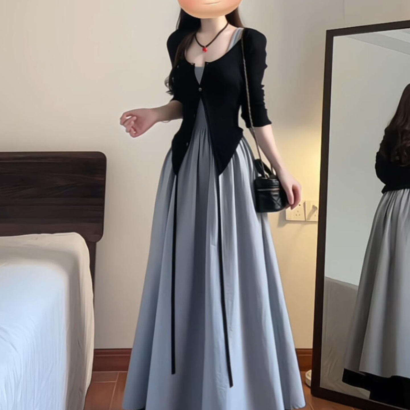 法式高级吊带连衣裙春秋长裙套装