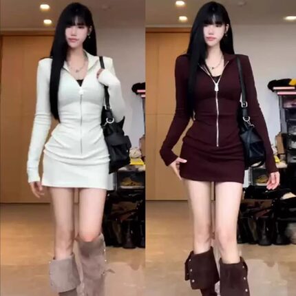 拉链加绒连衣裙子女2025新款秋冬季性感纯欲辣妹内搭打底包臀短裙