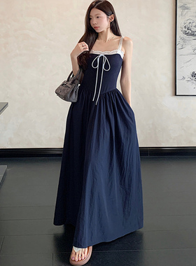 小众设计感蕾丝拼接绑带吊带连衣裙女夏季法式别致收腰显瘦长裙子