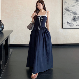 小众设计感蕾丝拼接绑带吊带连衣裙女夏季 别致收腰显瘦长裙子 法式