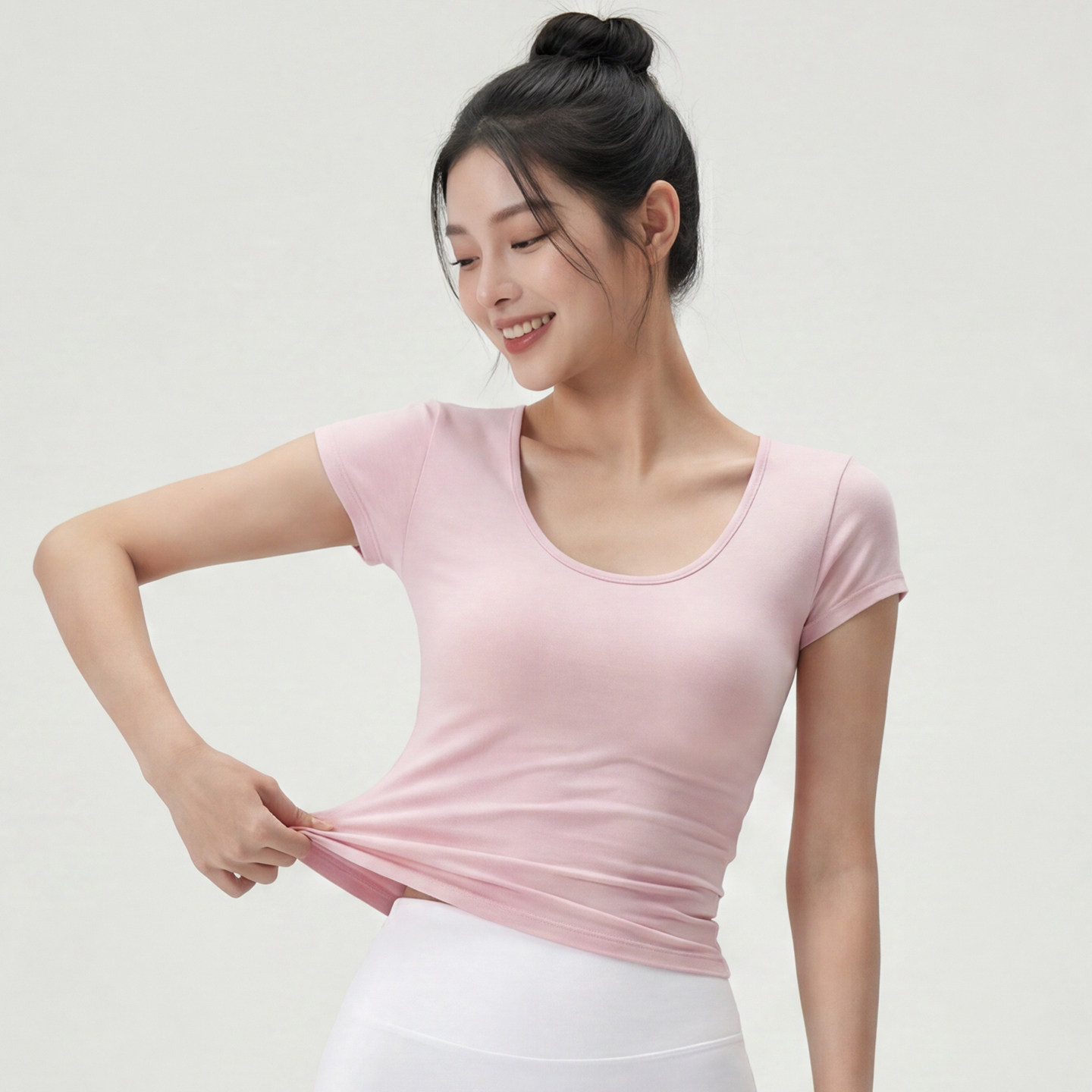 夏款女薄款显瘦U领短袖瑜伽T恤图片
